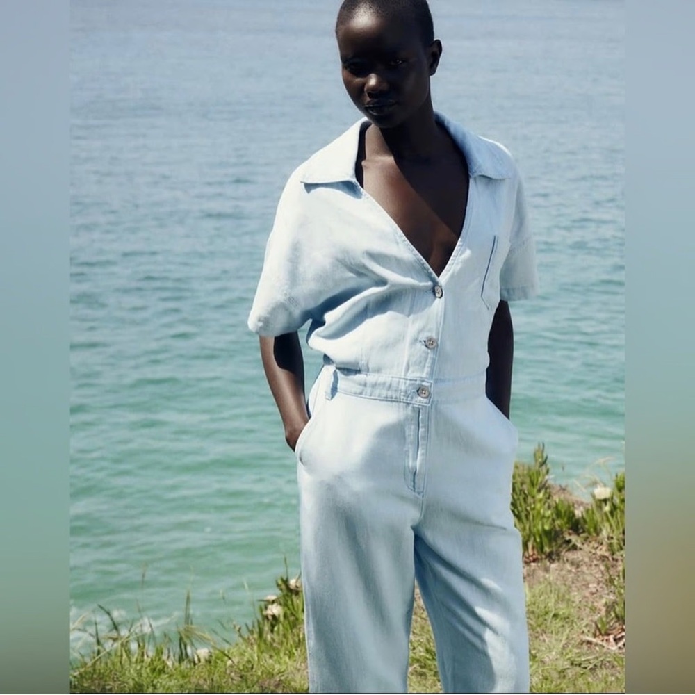 Zara Light Denim V-neck Short Sleeve Jumpsuit